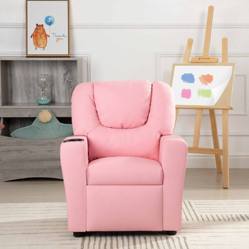 Roomy Kids' Recliner Chair with Cup Holder, Toddler Recliner With Push-Back Design, and Adjustable Footrest, Pink PVC