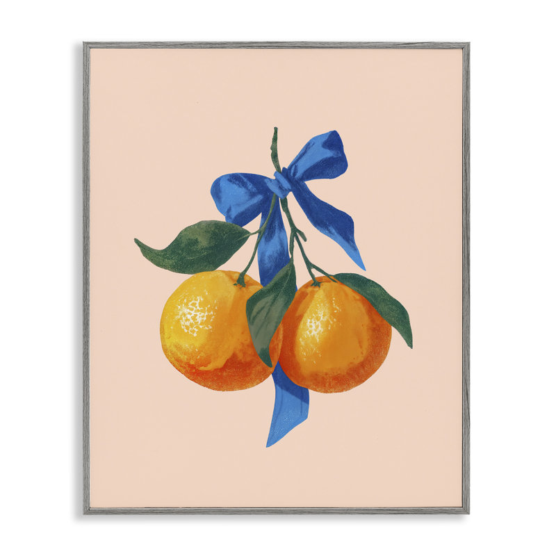 Deux oranges avec un arc bleu, estampe numérique, imaginée par Imagine It Images, Giclée de ferme grise encadrée