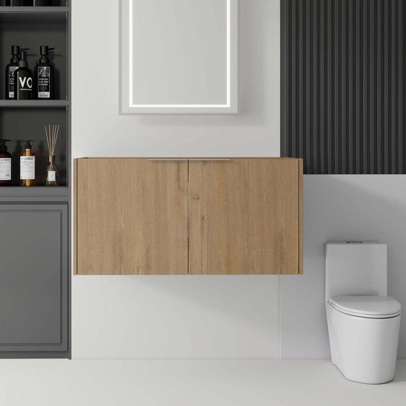 Meuble-lavabo flottant avec portes à fermeture douce et rangement spacieux, Chêne