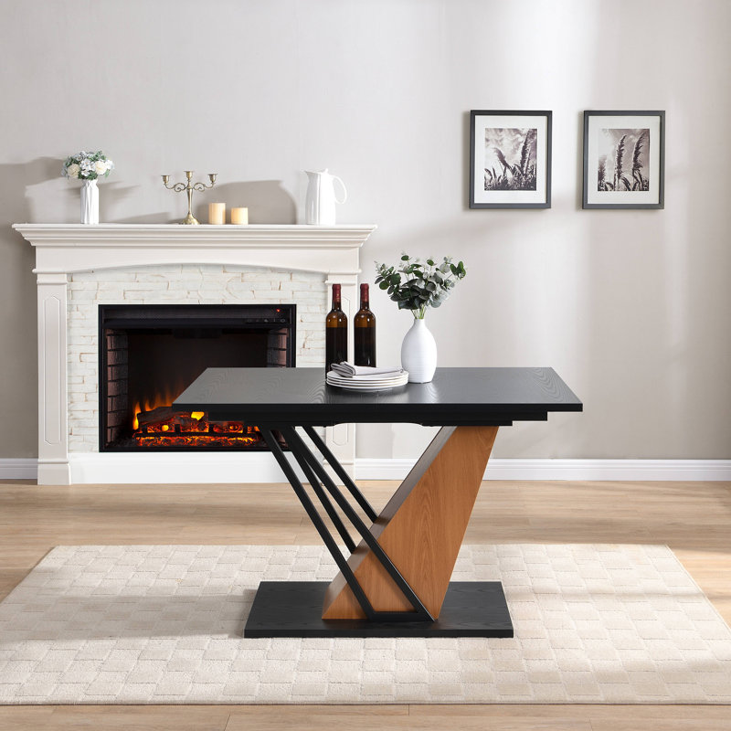 Table de salle à manger extensible, table rectangulaire géométrique avec structure en métal robuste et base en panneau de fibres à densité moyenne, plateau de table réglable en bois