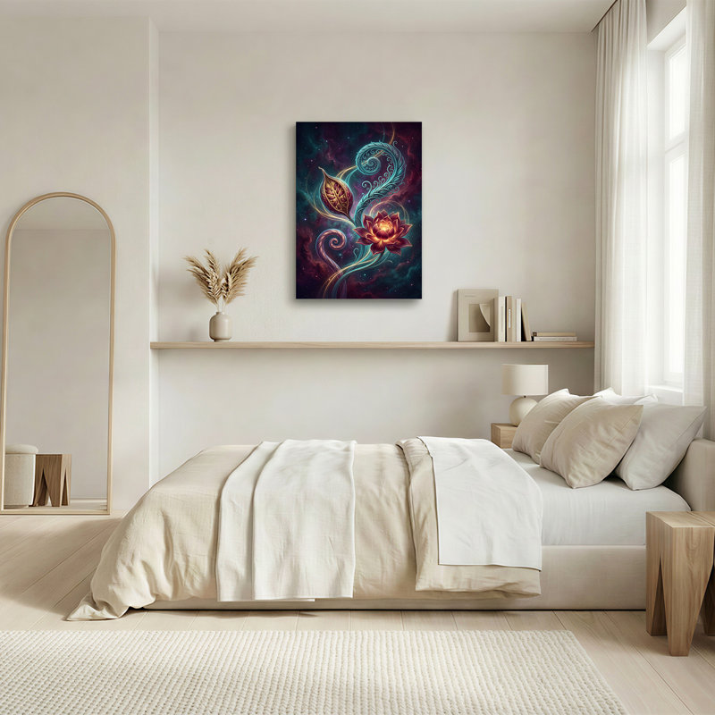 Toile brillante, fleur fantaisiste et feuilles tourbillonnantes dans la galaxie, 24"H x 18"W