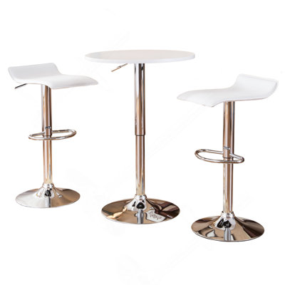 White Adjustable Wood Bar Table Set with 2 Chrome Air Lift Swivel Height Adjustable Stools