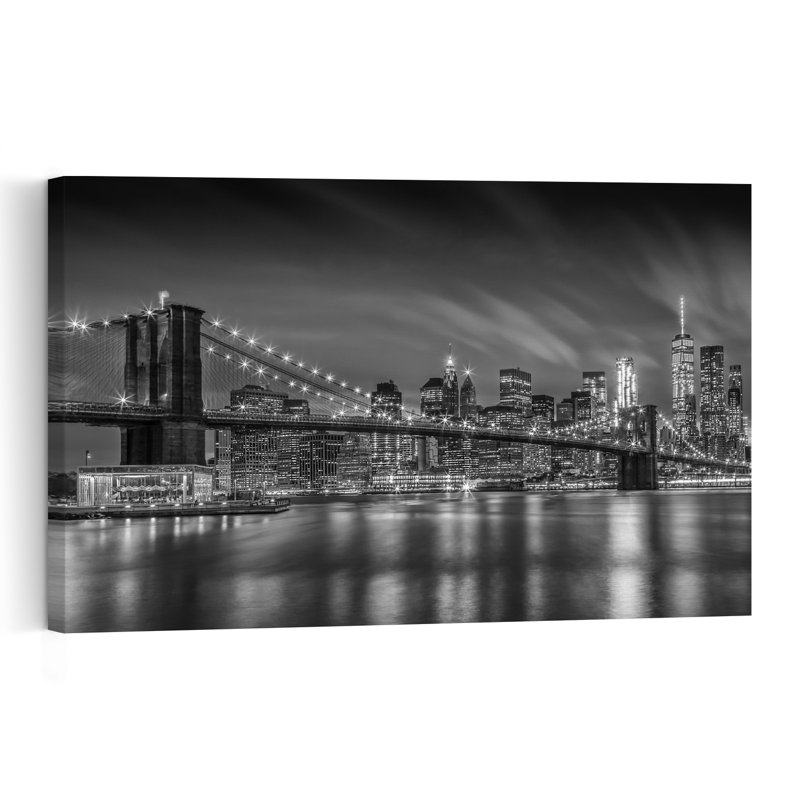 Affiche murale représentant le pont de Brooklyn la nuit, une architecture abstraite moderne et une vue nocturne du pont.