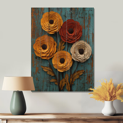 Autumn Ranunculus Flowers At The Barn - Ranunculus Wood Wall Art - On Natural Pine Wood