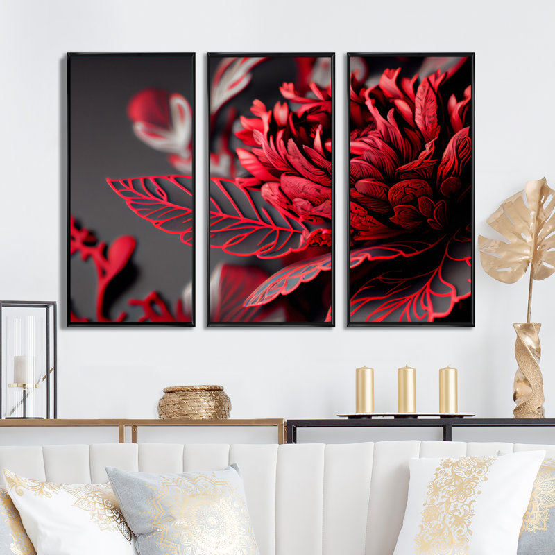 «Blossoming Rose in Red and Gray II», reproduction sur toile 3 pièces, Toile encadrée noire, H 28 po x l 36 po x P 1 po