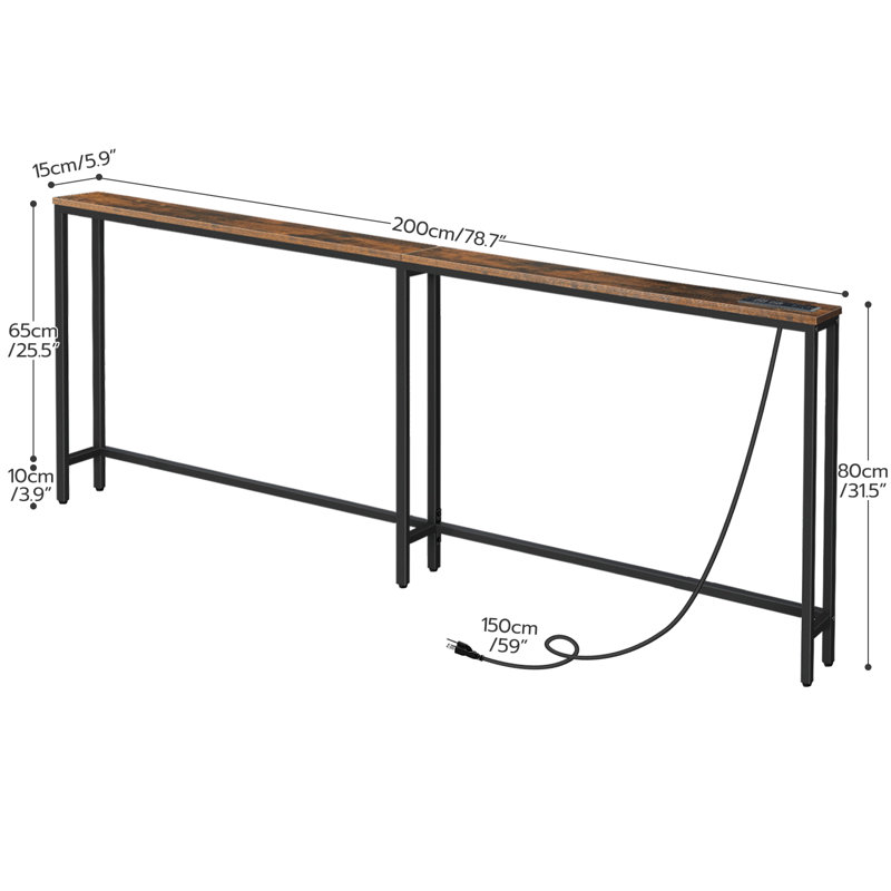 Castiglione Console Table Sofa Table with Power Outlet, Brown, 31.5" H x 78.7" W x 5.9" D