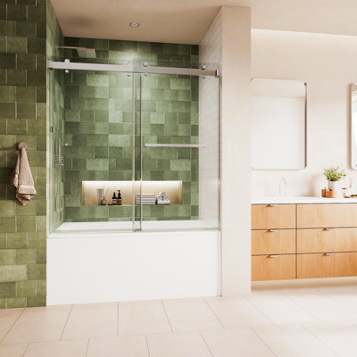 Portes de douche à double porte coulissante en verre sans cadre de 56 à 60 po x H 65 po | Verre trempé transparent de 3/8 po (10 mm) d'épaisseur | Revêtement facile à nettoyer | Quincaillerie en acier inoxydable durable | Précision étanche