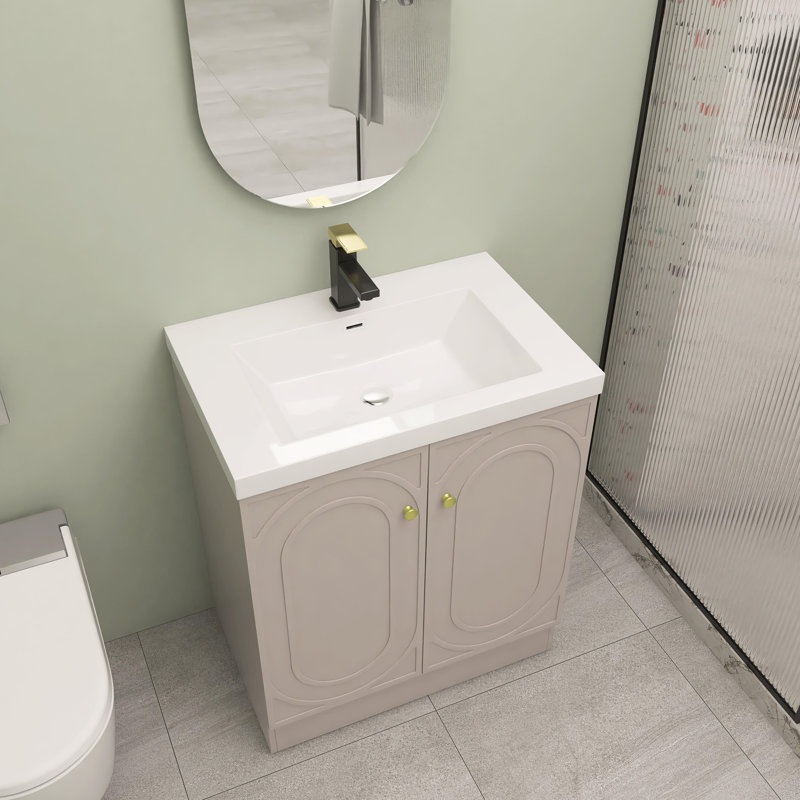 30" Freestanding Bathroom Vanity with White Resin Sink & 2 Soft-Close Cabinet Doors, Khaki, Silver