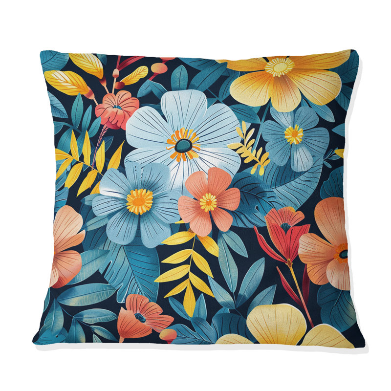Coussin jaune et bleu Tropical Blooms II - Mid-Century, H 18 po x l 18 po