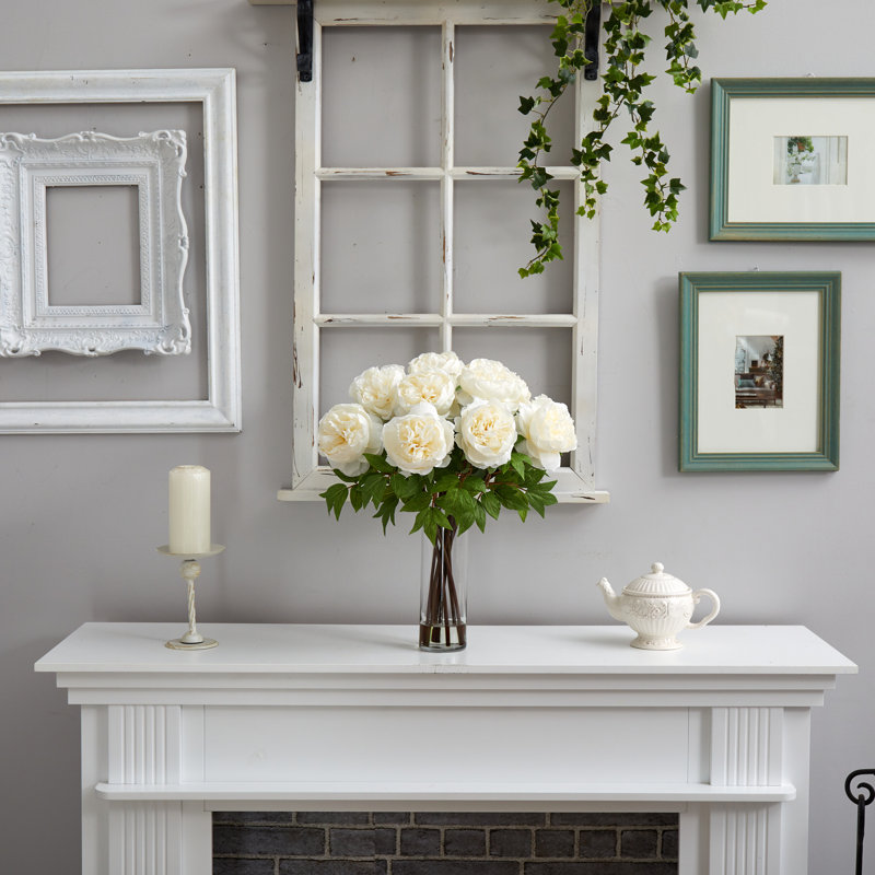 Elegant White Silk Peony Arrangement in Glass Vase