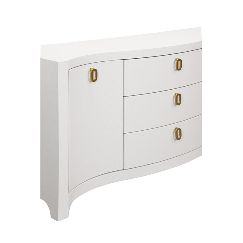 Curved Front Two Door Three Drawer Buffet In Textured Light Blue Linen With Satin Brass Ring Hardware, Textured White
