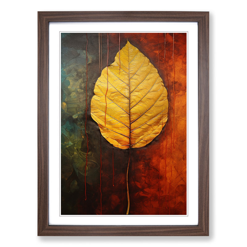 Leaf Hard Edge Painting - Single Picture Frame Print on Wood, Walnut Framed, 46cm H x 34cm W