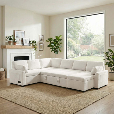 Canapé-lit convertible de 111 po en forme de U avec méridienne réversible et poches de rangement pour le salon, beige