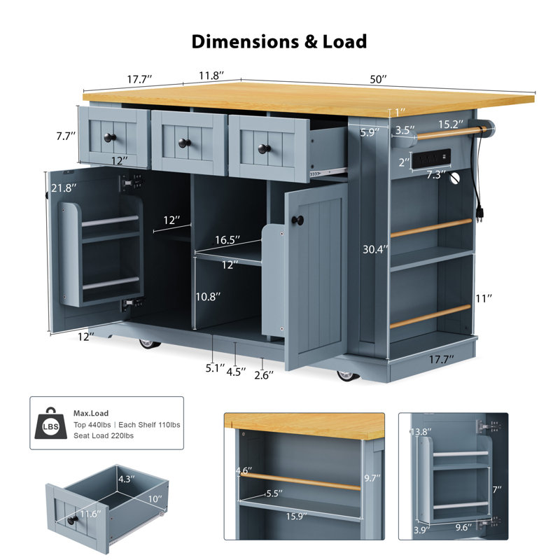 53inch Large Kitchen Island with Drop Leaf, Power Outlet, Door Storage, Rolling Kitchen Cart, Gray Blue
