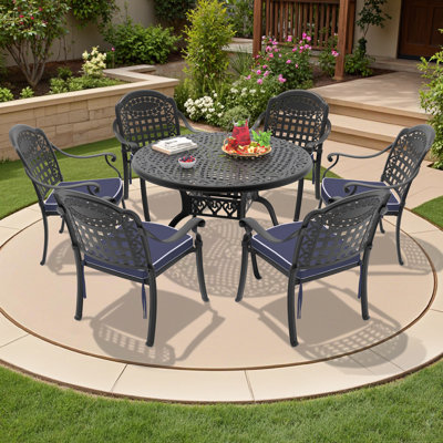 7-Piece Patio Dining Set, 48.03" Round Dining Table with Umbrella Hole & 6 Stackable Chairs with Blue Cushions