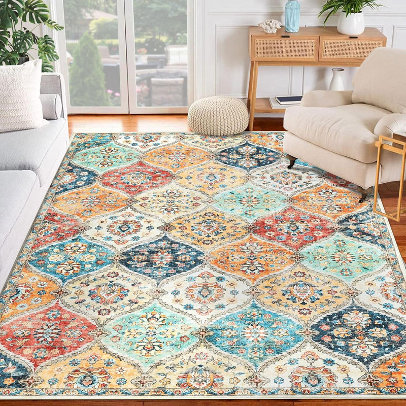 Washable Boho Medallion Area Rug, Vintage Distressed, Orange, Rectangle 9' x 12'