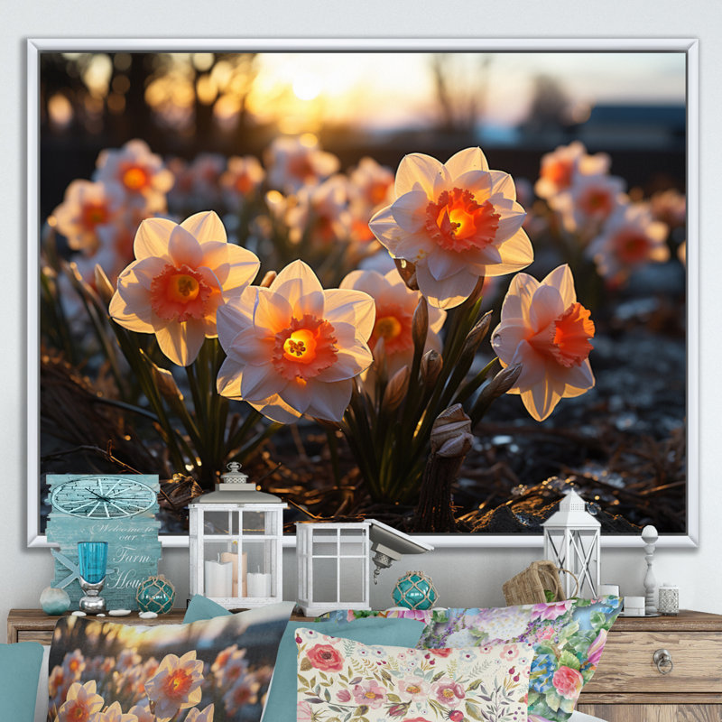Daffodils Field Sunrise IV - Floral Wall Art Living Room, H 30 po x l 40 po x P 1,5 po, Cadre flottant blanc