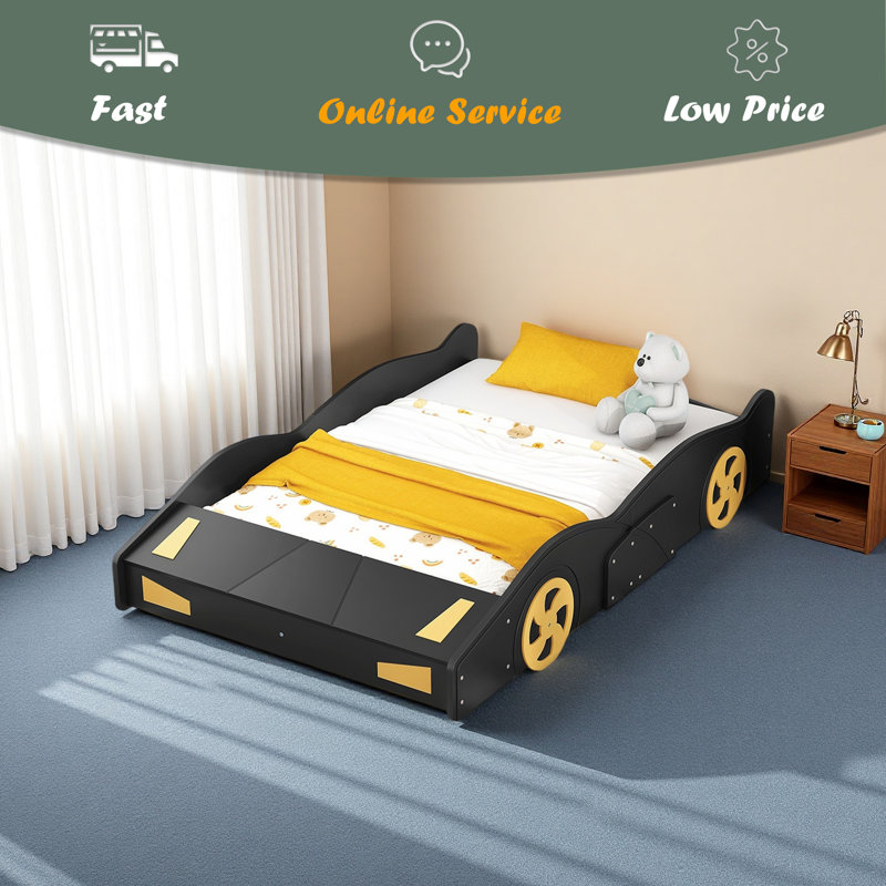 Lit plateforme avec roulettes et rangement Race, Noir / Jaune