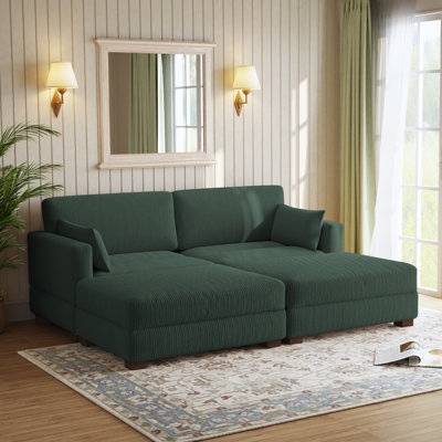 Bentura Oversized Upholstered Hunter Green Corduroy Modular Sleeper Sofa Bed Lounge Modular Sofa with Armrests & Throw Pillows