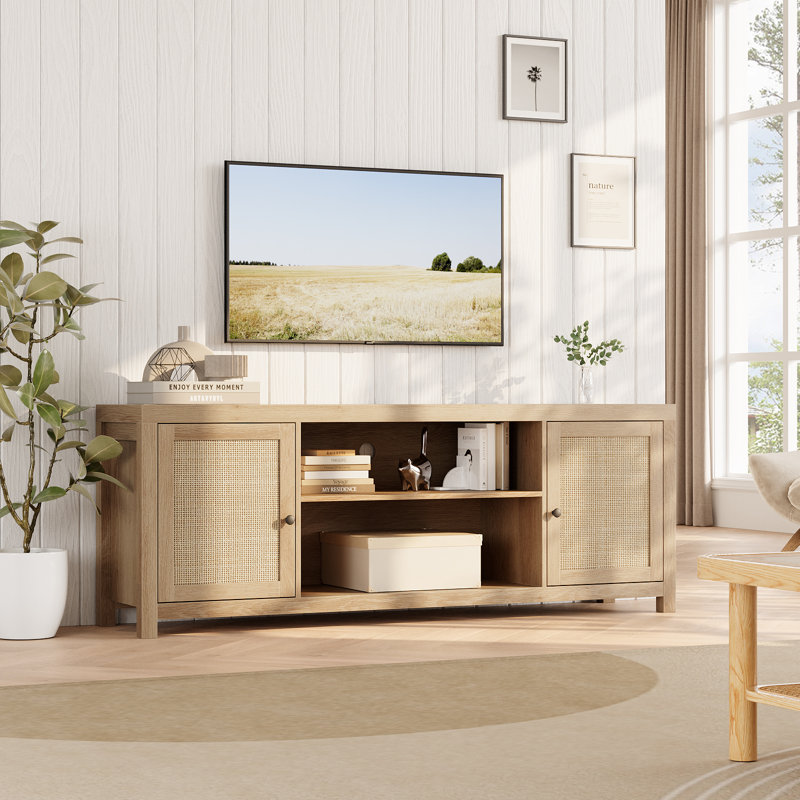 Boho TV Stand with 2 Rattan Storage Cabinets, Entertainment Center for Tvs Up To 75", 25”H x 66”L x 15.7”W