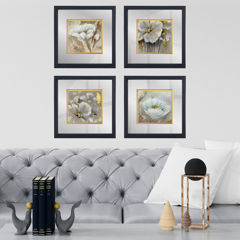 Élégantes peintures encadrées décoratives (4 pièces), cadre en bois, 12,6 po x 12,6 po chacune | Façade 100% verre (épaisseur: 0,12 pouce) | Impression numérique UV | Art mural parfait pour décorer un salon ou une chambre à coucher
