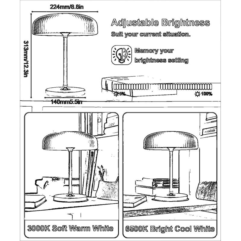 Cordless Table Lamp With Stepless Dimming, Waterproof Rechargeable 5000Mah Battery, Solar/USB Type-C Charging, Touch Control LED Mushroom Lamp For Indoor Outdoor Use