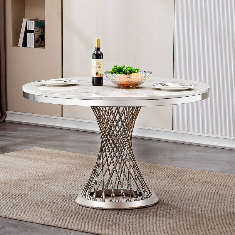 Table de salle à manger ronde en marbre, table de cuisine moderne avec plateau en faux marbre ultrabrillant et base en acier inoxydable pour la salle à manger, cuisine (seulement une table)