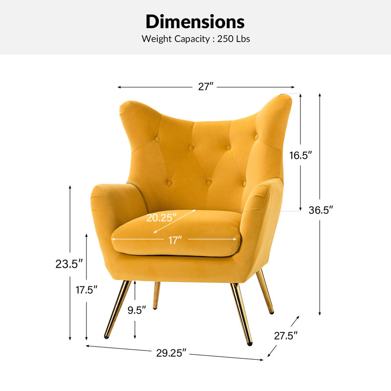 Fauteuil à oreilles 29,25 po Avianna, Velours moutarde