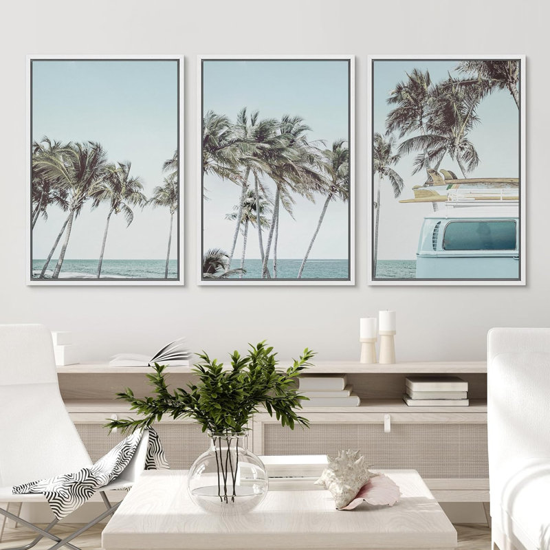 «Retro Road Trip Tropical Palm Tree Beach Holiday», reproduction sur toile encadrée 3 pièces, Blanc