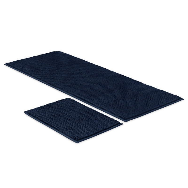 Super Soft Absorbent Microfiber Rectangle Non-Slip Bath Rug Set, Navy, 60'' L x 24'' W, Set of 2