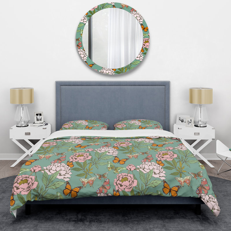 Ensemble de housse de couette en microfibre vert / rose / blanc 3 pièces, Housse de couette pour très grand lit et 2 très