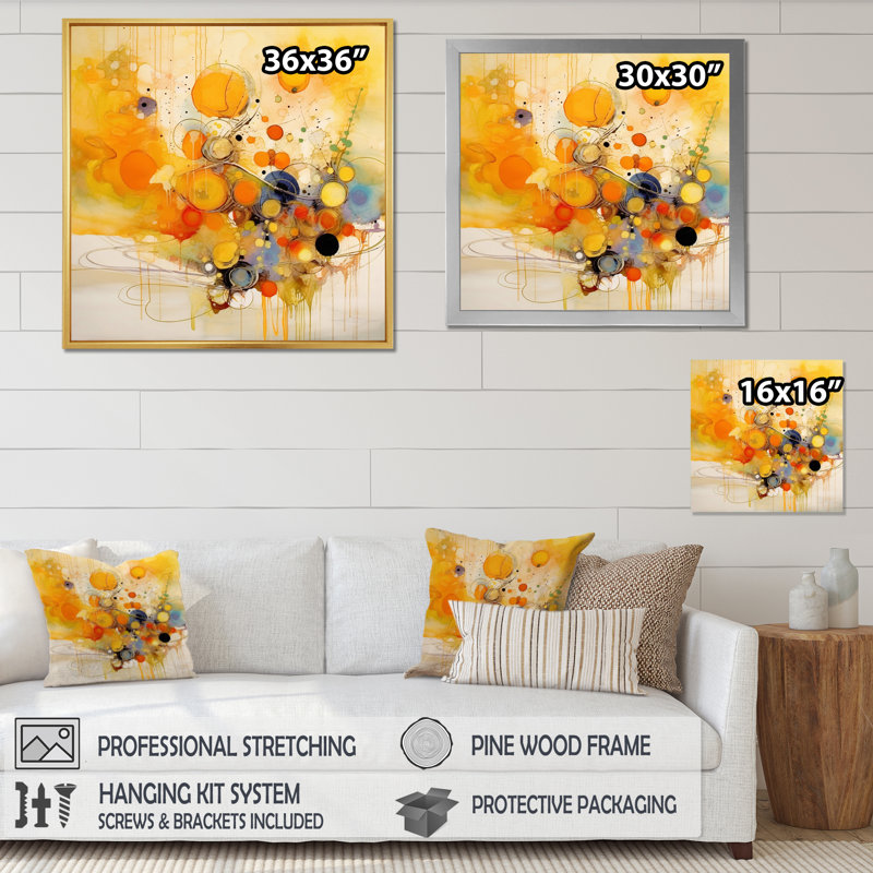 Orange et jaune, tourbillons de couleur II - Minimalisme abstrait, art mural, H 16 po x l 32 po x P 1 po, Cadre flottant doré