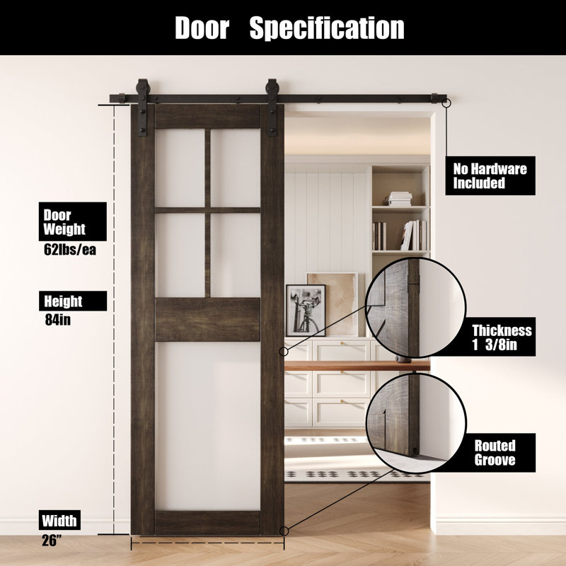Porte de grange coulissante en bois massif non assemblé 26 po x 84 po couleur ébène 26 po x 84 po, 26 po x 84 po