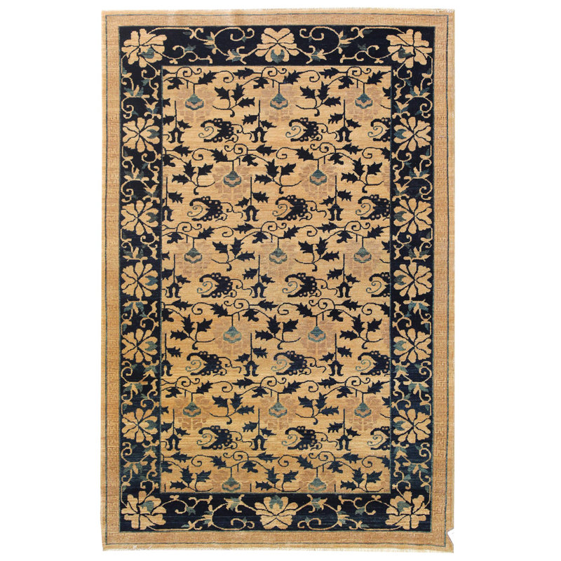Tapis unique / brun / bleu marine / beige tissé à la main 5 pi 1 po x 7 pi 6 po Peking