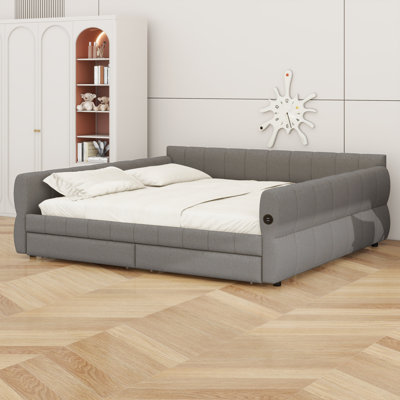 Lit plateforme contemporain tapissier avec ports USB et 2 tiroirs pour un rangement peu encombrant