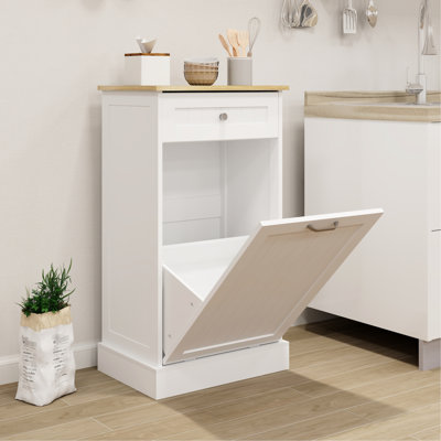 White E1 One Drawer And One Tilt-Out Kitchen Trash Cabinet, Can Hold Coffee On Top, Hides Cans, Blocks Odors, Integrates Well With Island Cabinet Compartment, Be Used As Laundry Keeps Floor Clean,