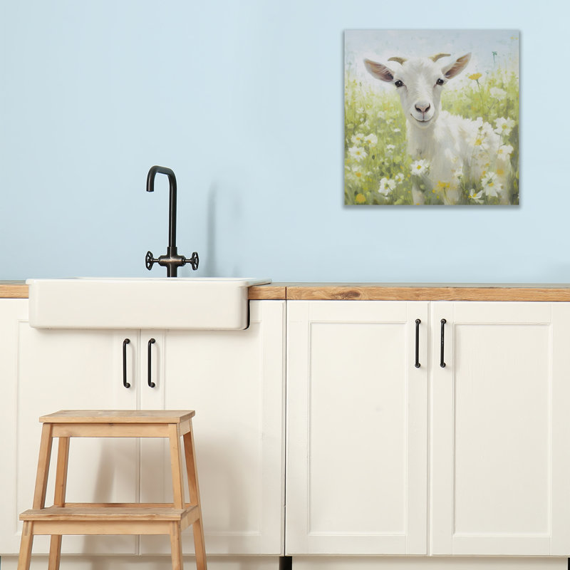16" Square Multicolor Canvas Wall Art with Goat in Flower Field