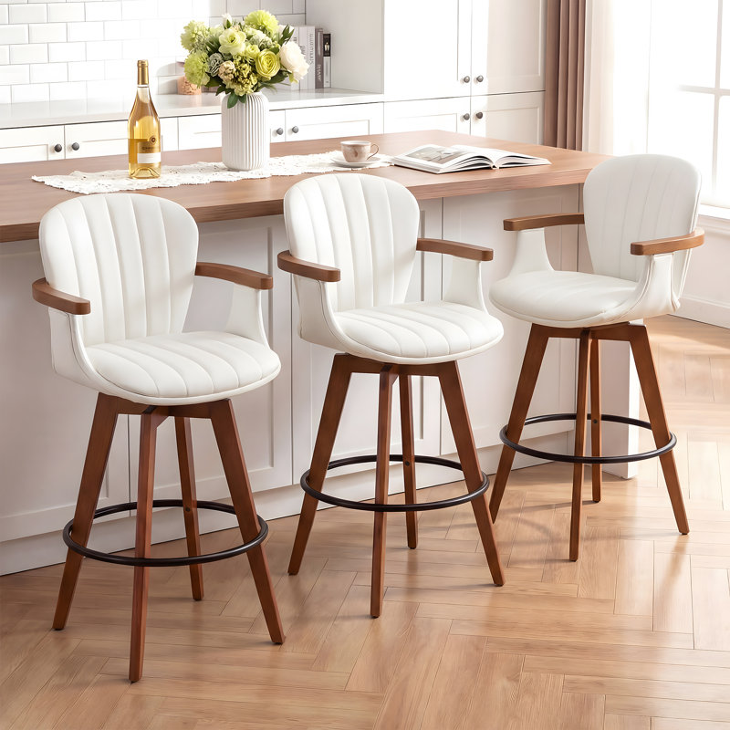 Tabourets de bar pivotants 360 ° avec pieds en bambou Colliers (ensemble de 3), Blanc