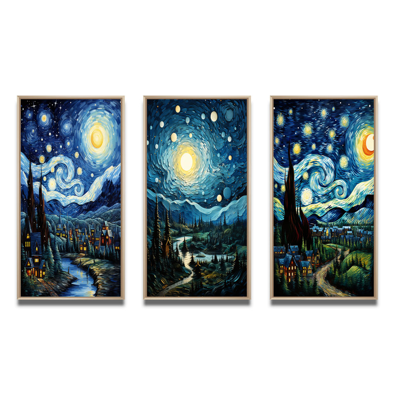 "Chef-d'œuvre The Starry Day par Vincent", 3 pièces sur toile, Cadre naturel flottant, H 40 po x l 60 po