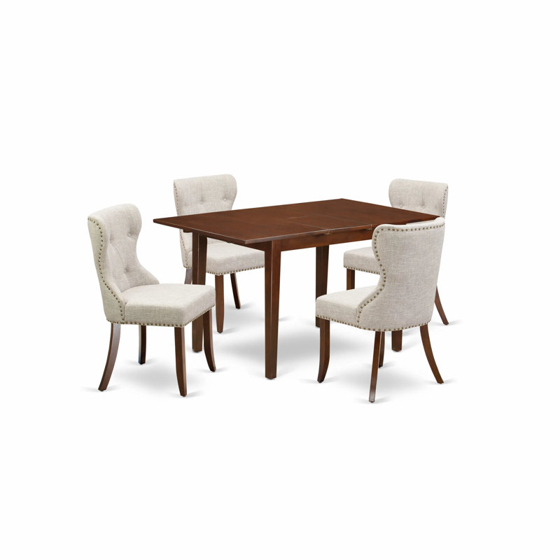 5 Piece Dinette Set Includes a Rectangle Dining Table with Butterfly Leaf and 4 Doeskin Linen Fabric Parson Dining Room Chairs, Mahogany