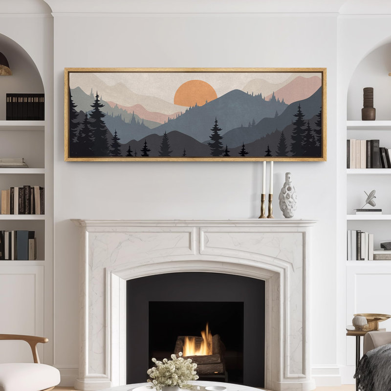 «Sun Mountain Landscape Serene Mountain Sunset Landscape with Pine Trees», reproduction d'art sur toile, H 20 po x l 60 po
