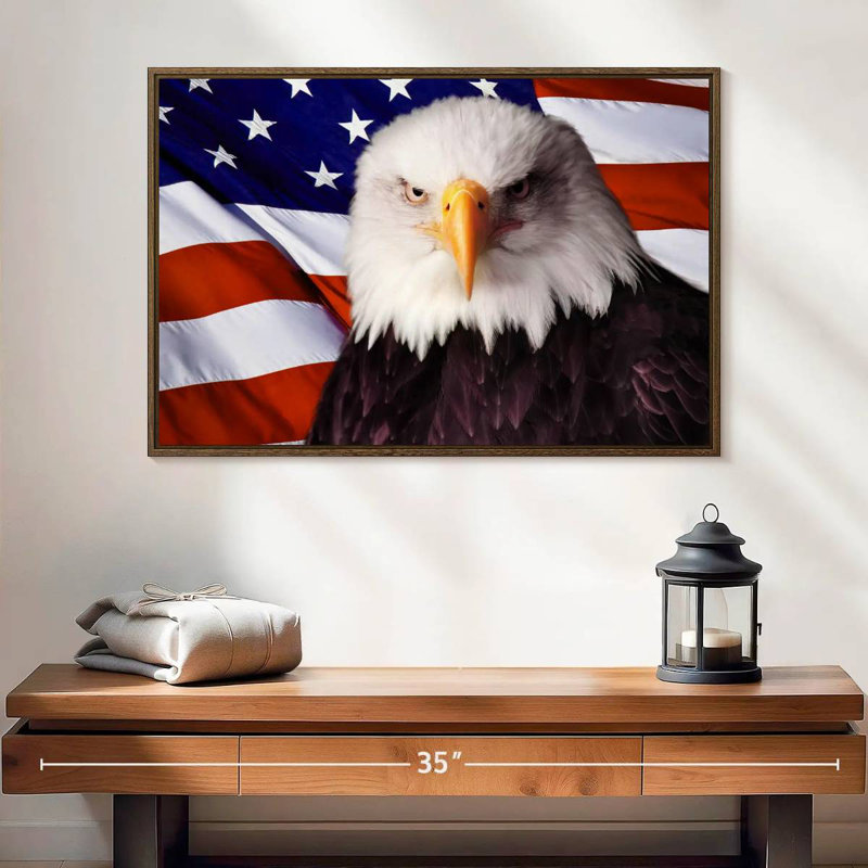 Drapeau américain, aigle à tête blanche, 25 po x 17 po, Cadre flottant en noyer