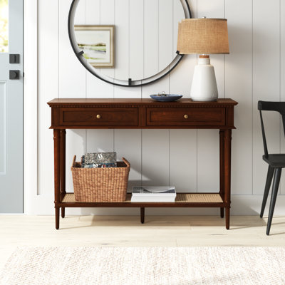 Ayleena Maxwelton Solid Wood Console Table with 2 Drawers and Woven Cane Storage Shelf
