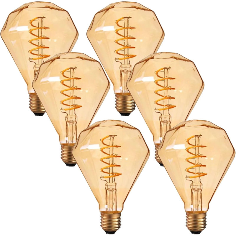 Vintage LED E27 Decoraive Bulb, Edison Diamond 4W, G95 Spiral LED Filament Screw Non-Dimmable, Amber Glass Warm White 2700K Lighting Bulb, Pack of 6