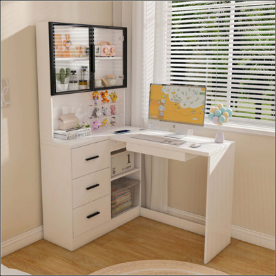 Bureau d'ordinateur avec armoires en verre et lumières DEL intégrées, bureau de coin en L avec ports de chargement USB, plateau à clavier, conception ergonomique pour les espaces de travail à domicile et en entreprise
