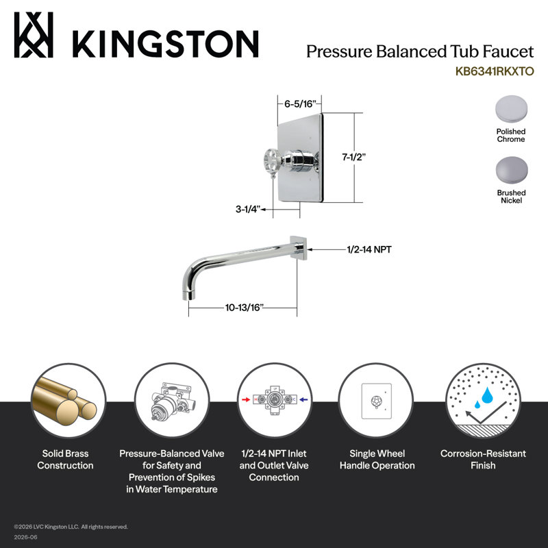 Robinet de baignoire à pression équilibrée à poignée simple Kingston Brass Webb, Chrome poli