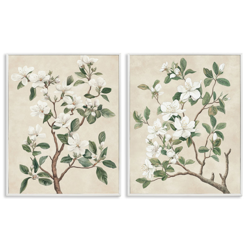 Ensemble de 2 giclées encadrées Vintage White Floral Blossomed Trees, par Petal Prints Design, H 14 po x l 11 po