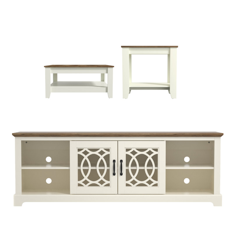 Weddel Basilico Transitional Coordinated 3-Piece Living Room Set, Ivory, Knotty Oak