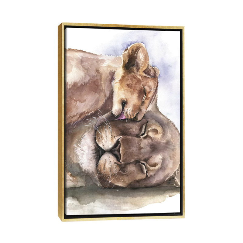 Happy Lions, art encadré, H 60 po x l 40po x P 1,5 po, Toile encadrée dorée