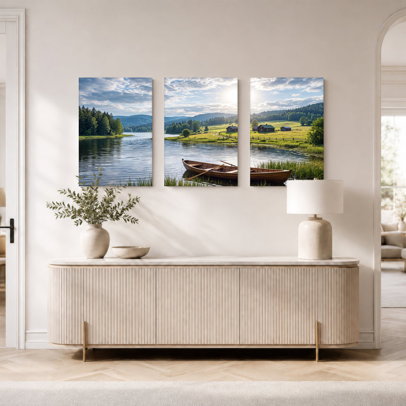 Toile en bois sur le lac avec Rolling Green Hills, ensemble de 3 toiles, H 36 po x l 24 po x 3 pièces